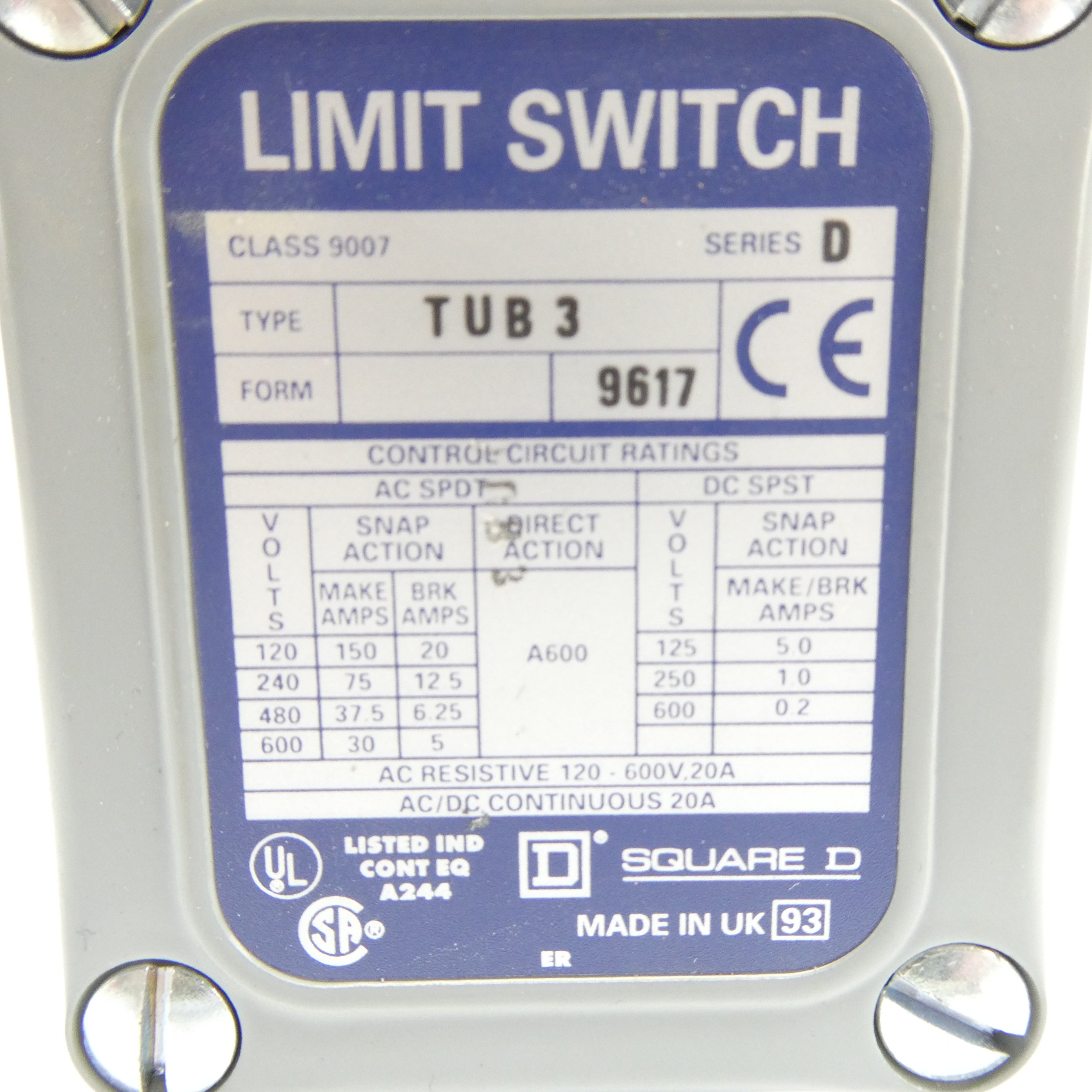 SQUARE D 9007TUB3 SER. D 120-600VAC 20A NSNP