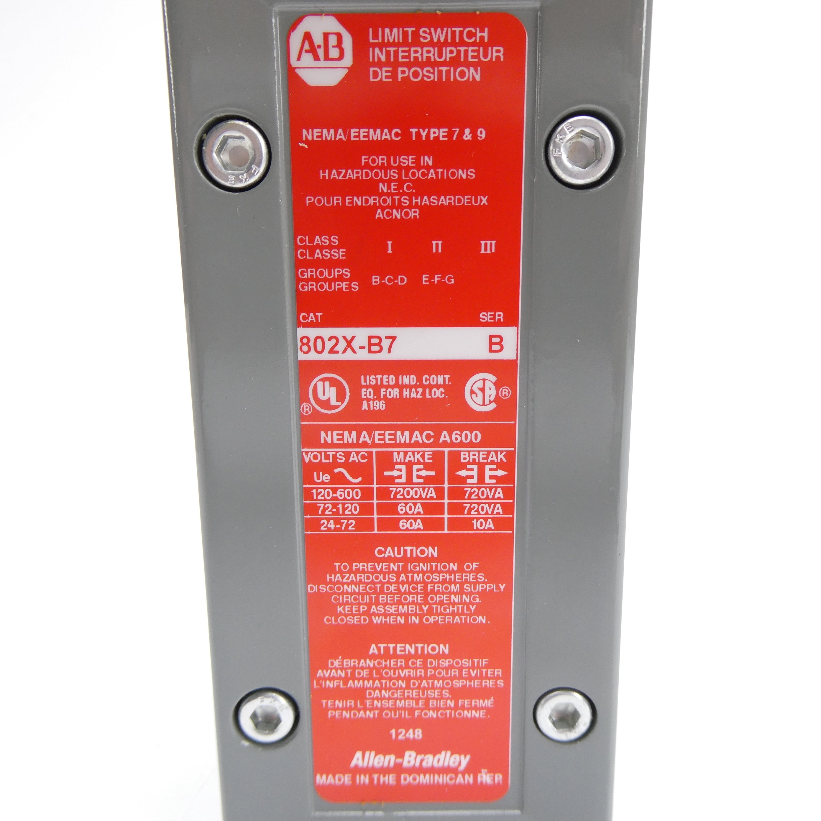 ALLEN BRADLEY 802X-B7 SER. B 120-600VAC (WH) NSMP