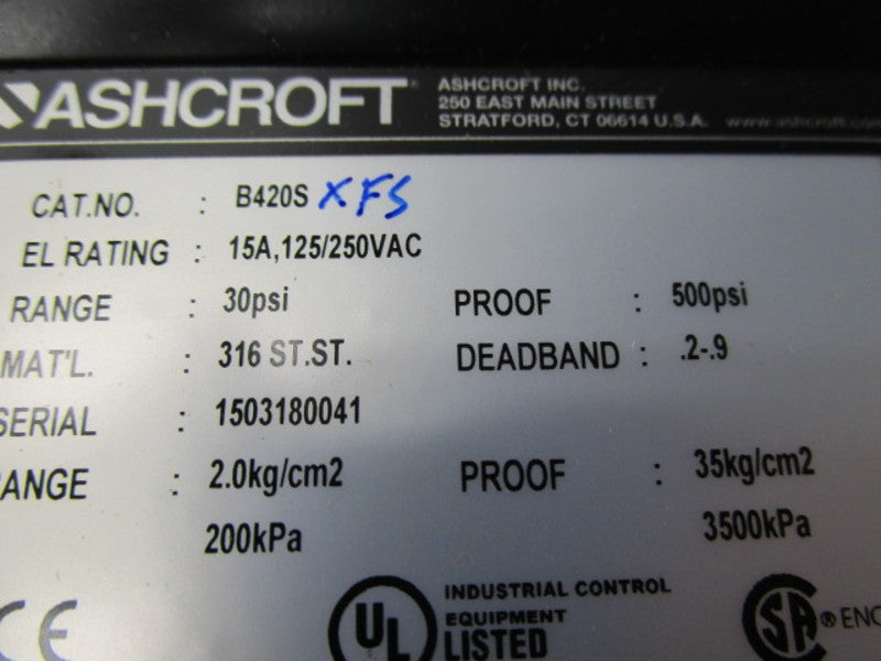 ASHCROFT B420SXFS 125/250VAC 15A 30PSI NSMP