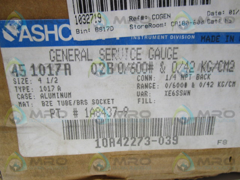 ASHCROFT 451017A02B0600# 0-600PSI PRESSURE GAUGE  NSMP