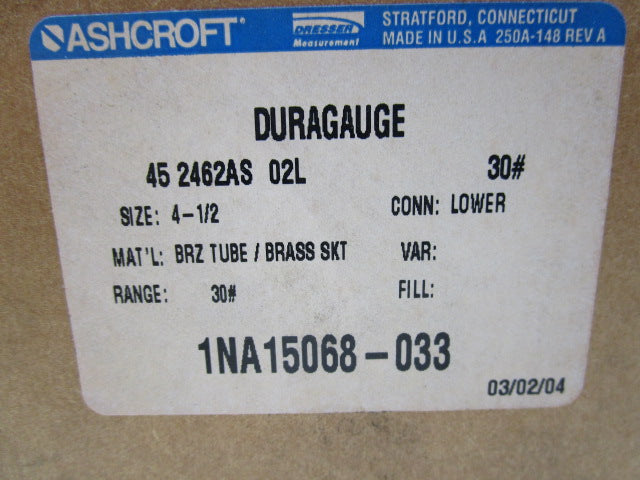 ASHCROFT 452462AS02L30# DURA GAUGE 0-30PSI  NSMP