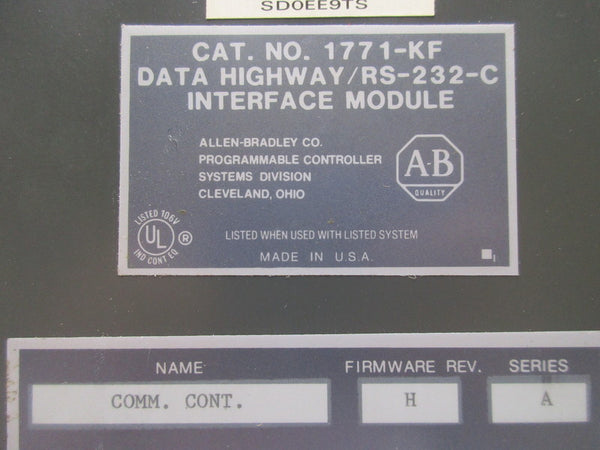 ALLEN BRADLEY 1771-KF DATA HIGHWAY INTERFACE MODULE SER. A UNMP