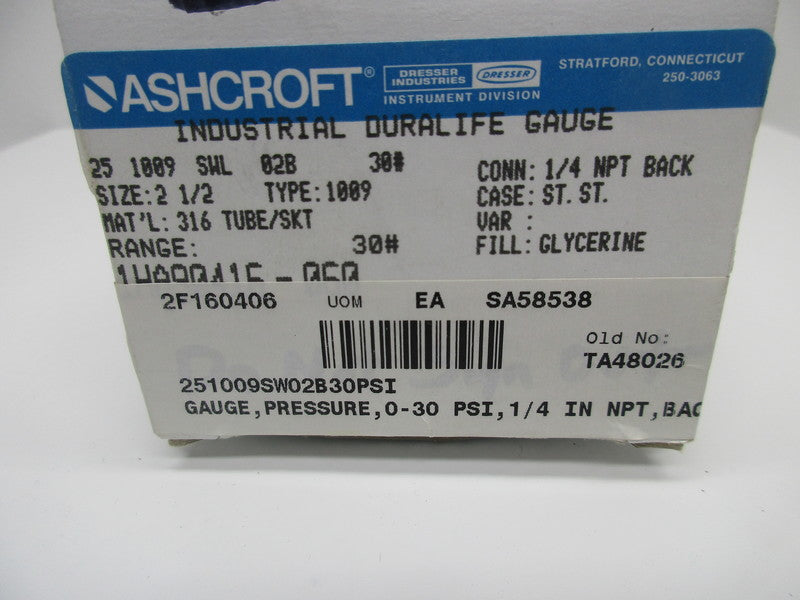 ASHCROFT 25-1009-SWL-02B-30# PRESSURE GAUGE 0-30 PSI  NSMP