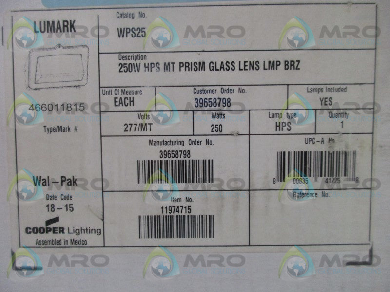 COOPER WPS25 PRISM GLASS LENS LAMP 250W 277V  NSMP