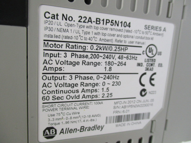 ALLEN BRADLEY 22A-B1P5N104 SER. A F/W 6.01  NSMP