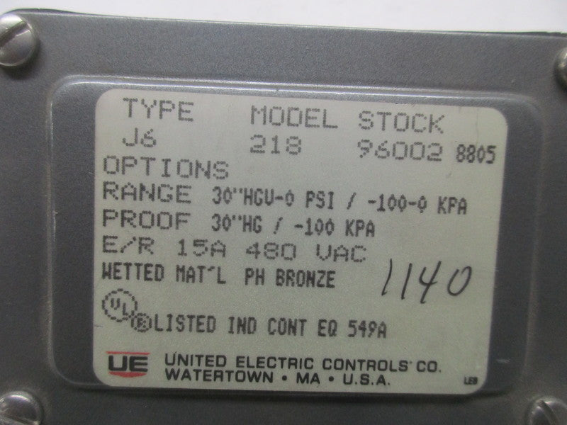 UNITED ELECTRIC J6-218-96002 PRESSURE SWITCH  NSNP