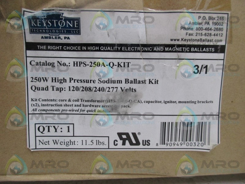 KEYSTONE HPS-250A-Q-KIT HIGH PRESSURE SODIUM BALLAST KIT  NSMP