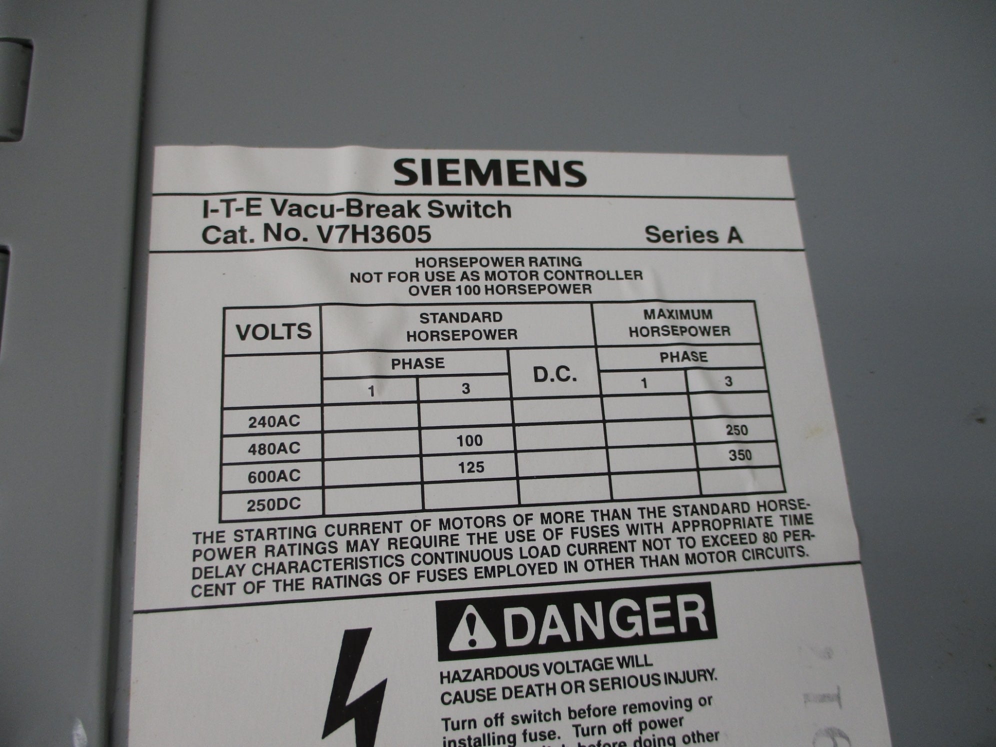 SIEMENS V7H3605 SER. A 600V 400A NSNP