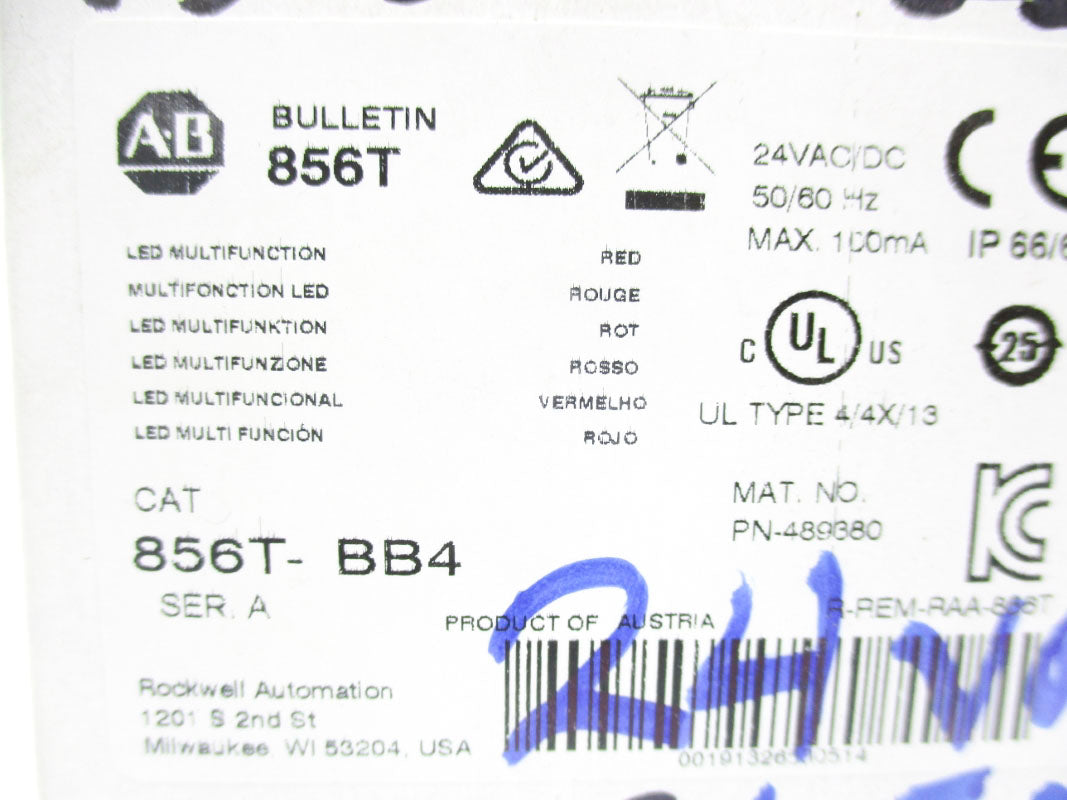 ALLEN BRADLEY 856T-BB4 SER. A 24VAC/DC (WH) NSMP