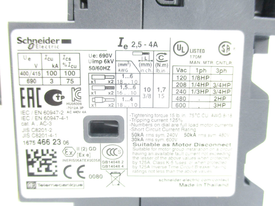 SCHNEIDER ELECTRIC GV2ME08 690V 2.5-4A NSNP