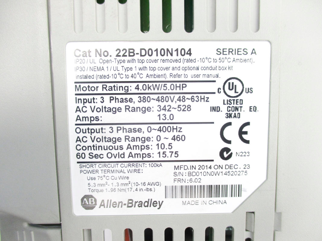 ALLEN BRADLEY 22B-D010N104 SER. A F/W 6.02 342-528VAC 13.0A UNMP