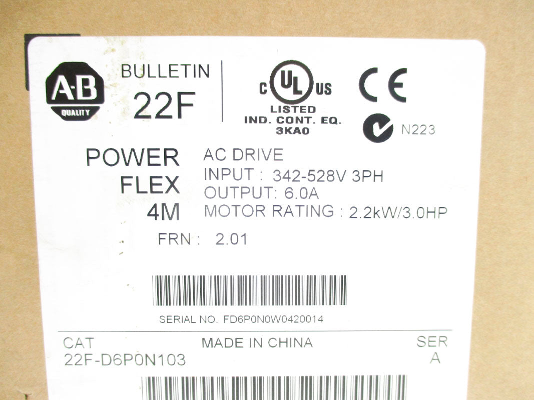 ALLEN BRADLEY 22F-D6P0N103 SER. A F/W 2.01 342-528VAC 6.0A NSMP