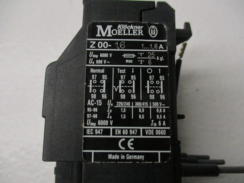 KLOCKNER MOELLER Z 00-1,6 OVERLOAD RELAY, 1.6A, 500V  NSNP