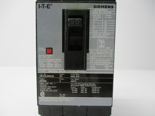 ITE SIEMENS HED63B030 CIRCUIT BREAKER 600VAC 30A  NSMP