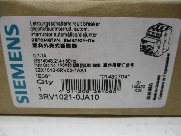 SIEMENS 3RV1021-0JA10 CIRCUIT BREAKER 0.7-1A 400/690VAC  NSMP