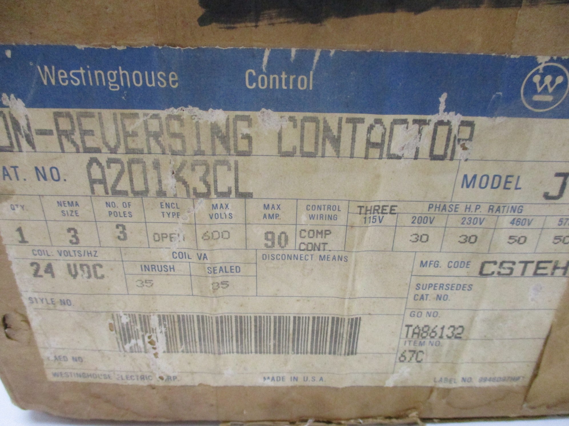 WESTINGHOUSE A201K3CL MODEL J 24V NSMP