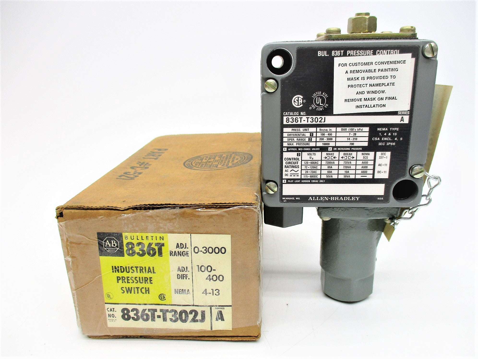 ALLEN BRADLEY 836T-T302J SER. A 120-600VAC 60A 200-3000PSI (BR/YL) NSMP