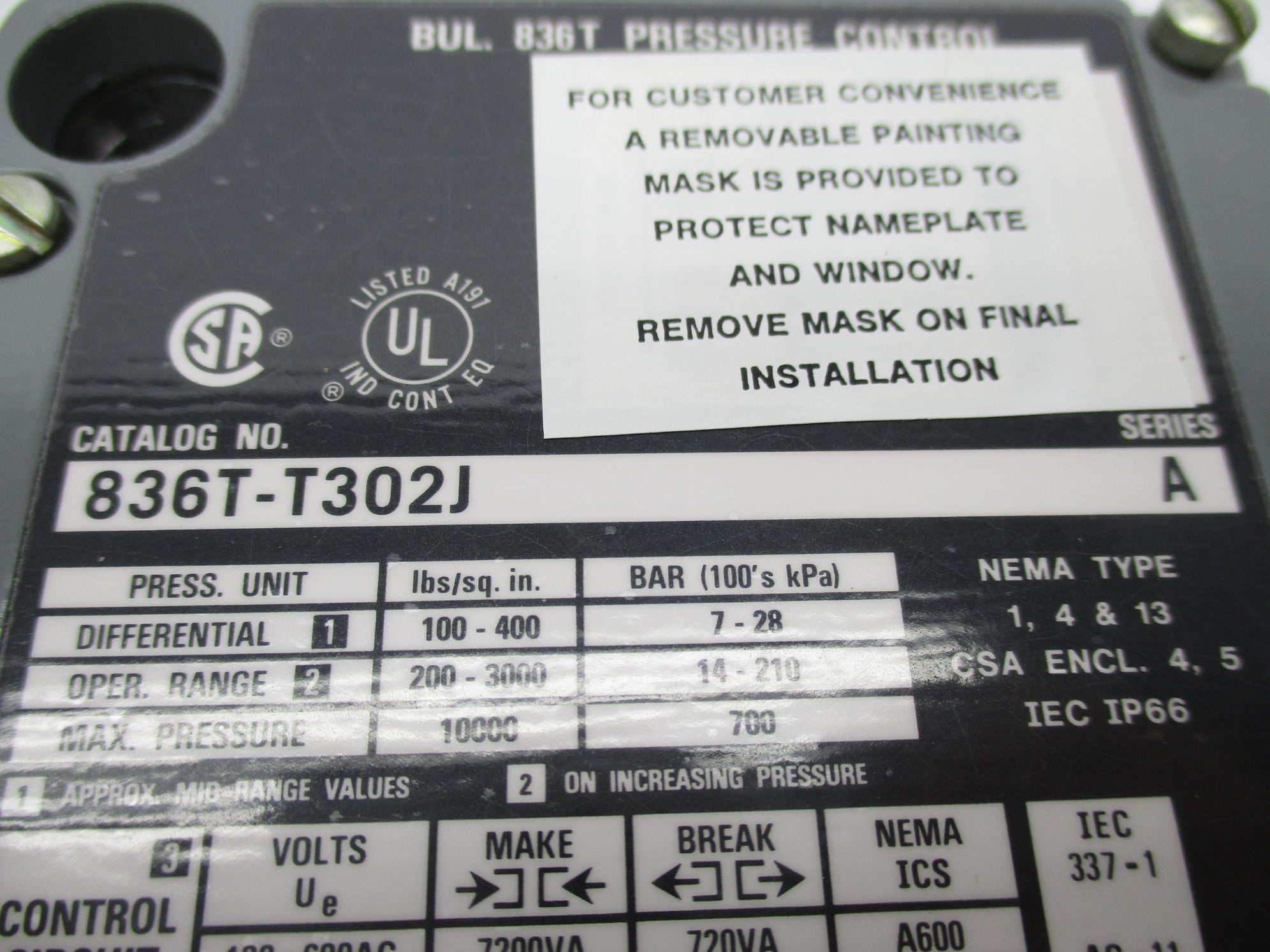 ALLEN BRADLEY 836T-T302J SER. A 120-600VAC 60A 200-3000PSI (BR/YL) NSMP
