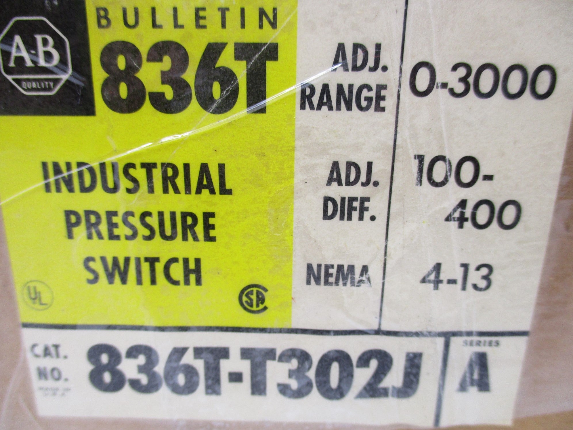 ALLEN BRADLEY 836T-T302J SER. A 120-600VAC 60A 200-3000PSI (BR/YL) NSMP