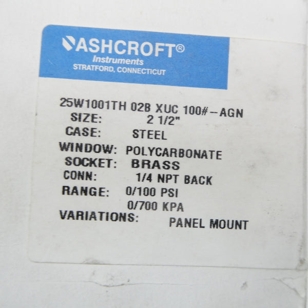ASHCROFT 25W1001TH02BXUC100#-AGN 0-100PSI 2-1/2" NSMP