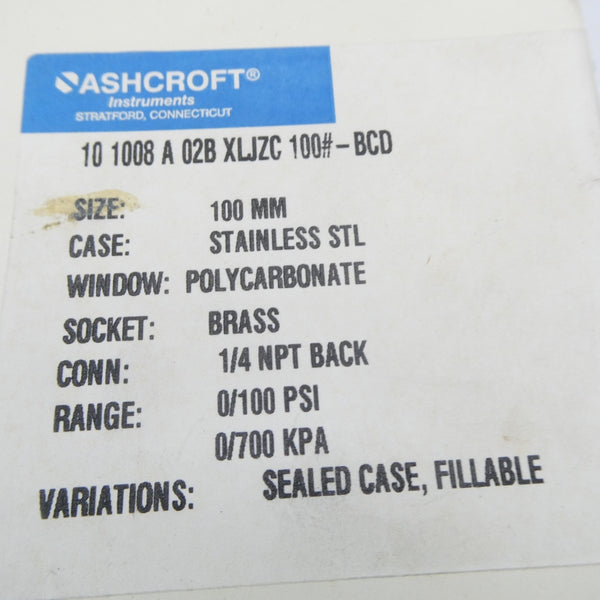 ASHCROFT 101008A02BXLJZC100#-BCD 0-100PSI NSMP