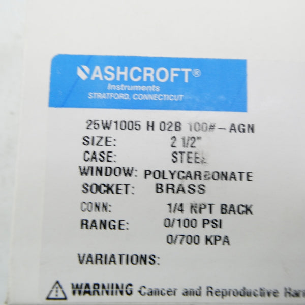 ASHCROFT 25W1005H02B100#-AGN 0-100PSI 2-1/2" NSMP