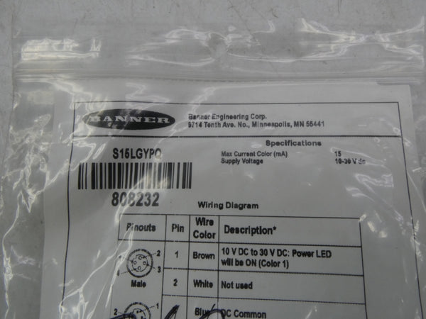 BANNER ENGINEERING S15LGYPQ 808232 10-30VDC (PKG OF 6) NSMP