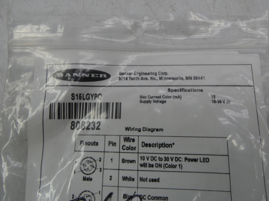 BANNER ENGINEERING S15LGYPQ 808232 10-30VDC (PKG OF 6) NSMP
