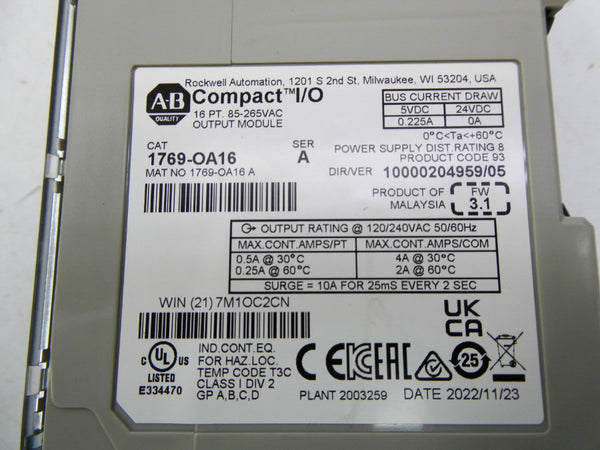 INDUSTRIAL SPARE PART 1769-OA16 SER. A F/W 3.1 24VDC NSMP