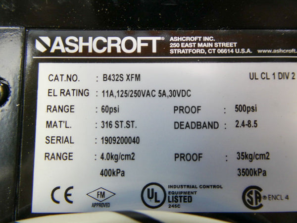 ASHCROFT B432SXFM 125/250VAC 11A 60PSI NSMP