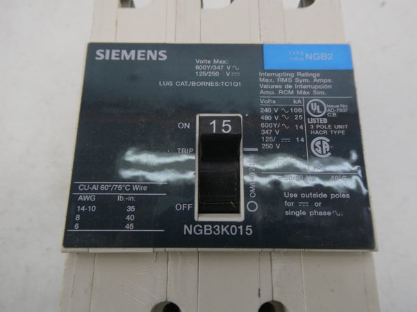 SIEMENS NGB3K015B 480V 15A NSMP