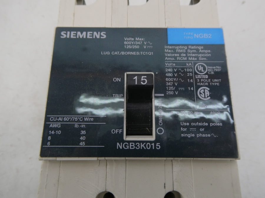 SIEMENS NGB3K015B 480V 15A NSMP