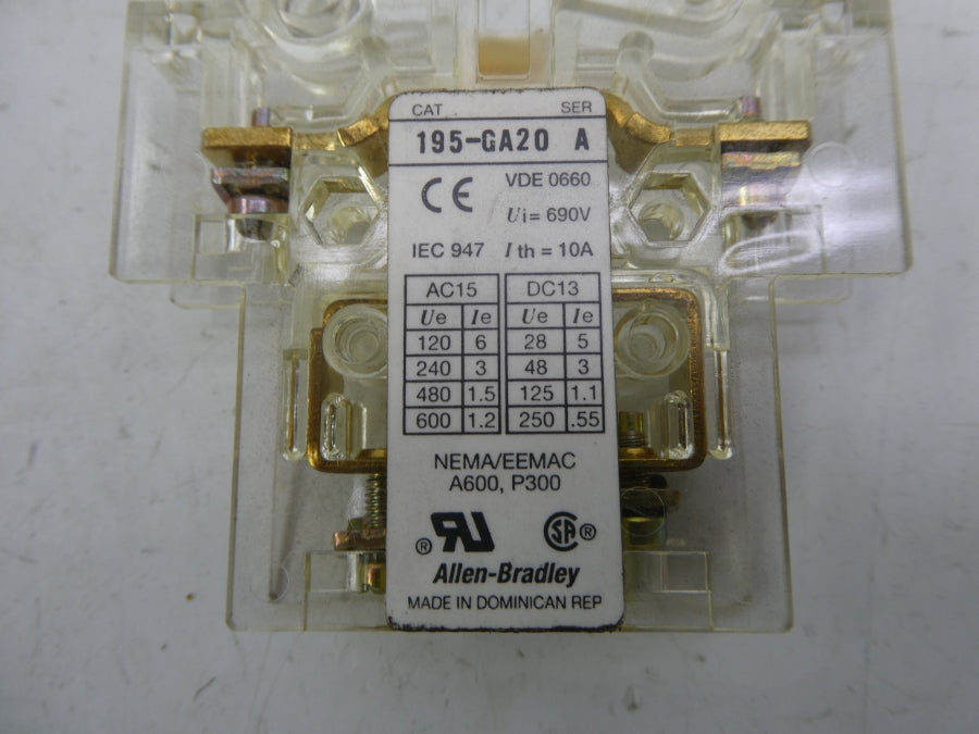 ALLEN BRADLEY 195-GA20 SER. A 600VAC 1.2A (GY/BL) NSMP