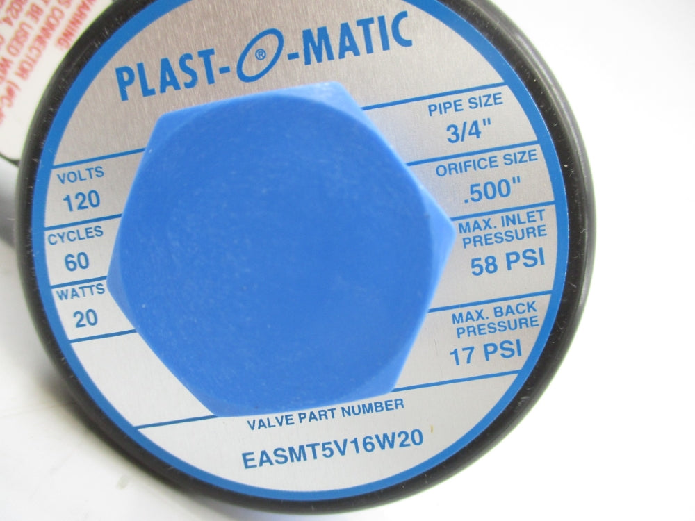PLAST-O-MATIC EASMT5V16W20 120V 3/4" 58PSI NSMP