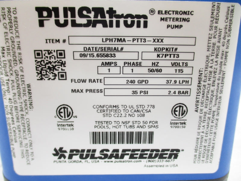 PULSAFEEDER LPH7MA-PTT3-XX 115V 35PSI 1A NSMP