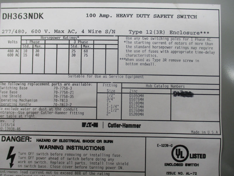 EATON DH363NDK SER. A 600V 100A (AS PICTURED) NSMP