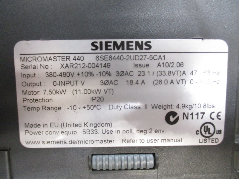 SIEMENS 6SE6440-2UD27-5CA1 380-480V 23.1A UNMP