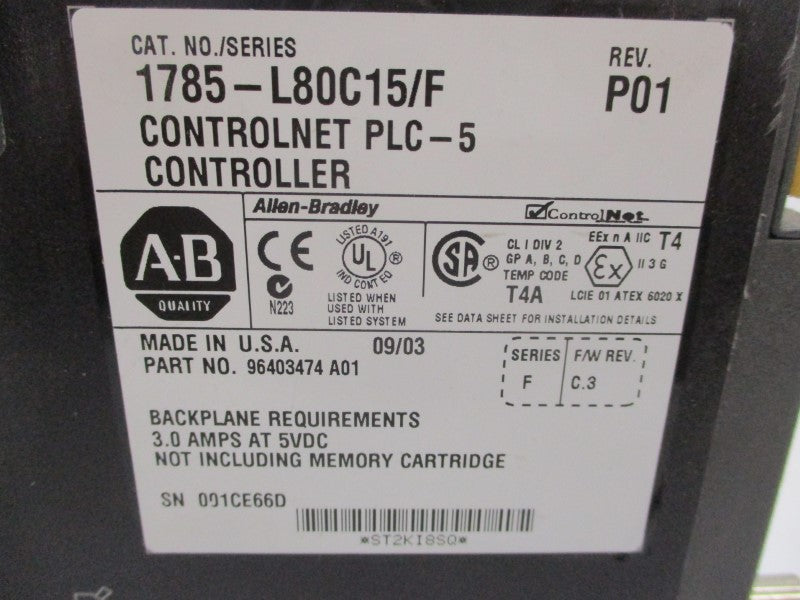 ALLEN BRADLEY 1785-L80C15 SER. F REV. P01 5VDC 3A (NO KEY) UNMP
