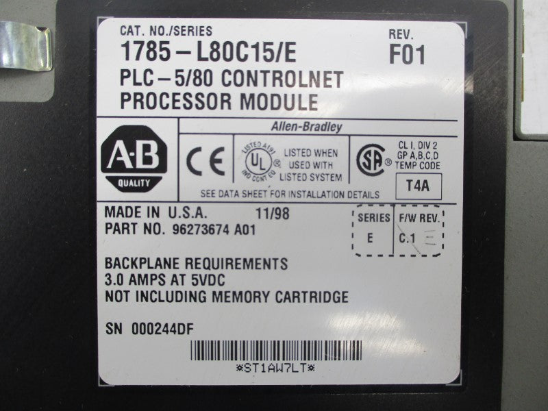 ALLEN BRADLEY 1785-L80C15 SER. E REV. F01 5VDC 3A UNMP