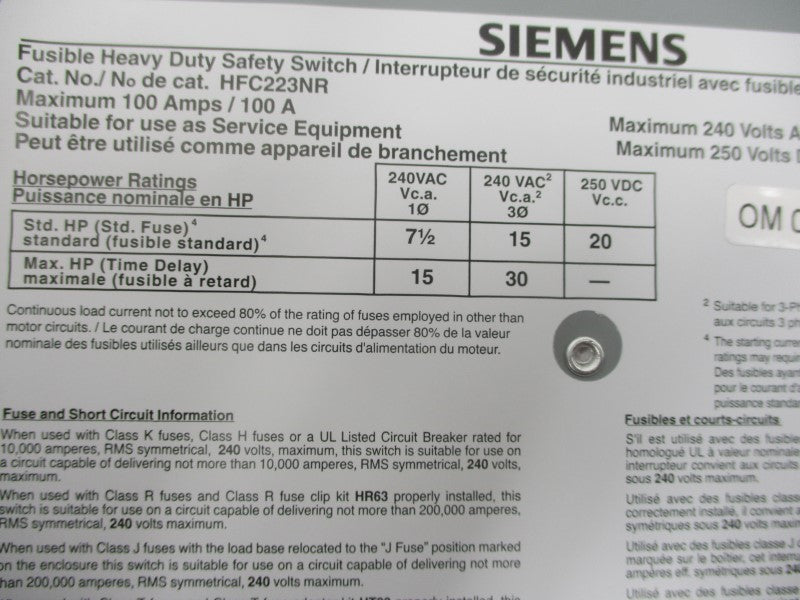 SIEMENS HFC223NR 250V 100A NSMP