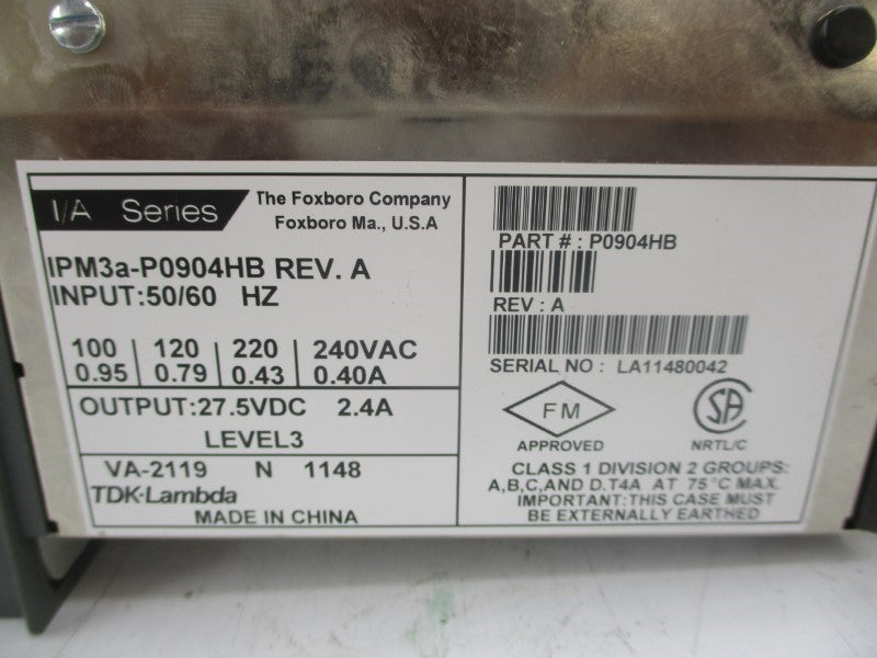 FOXBORO IPM3A-P0904HB REV. A 100-240VAC .95-.40A NSNP