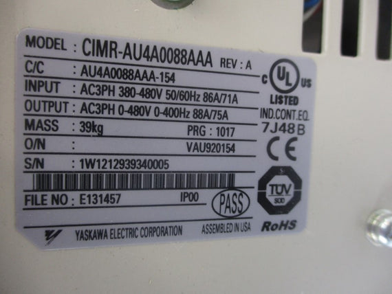 YASKAWA CIMR-AU4A0088AAA REV. A 380-480V 86A/71A NSNP