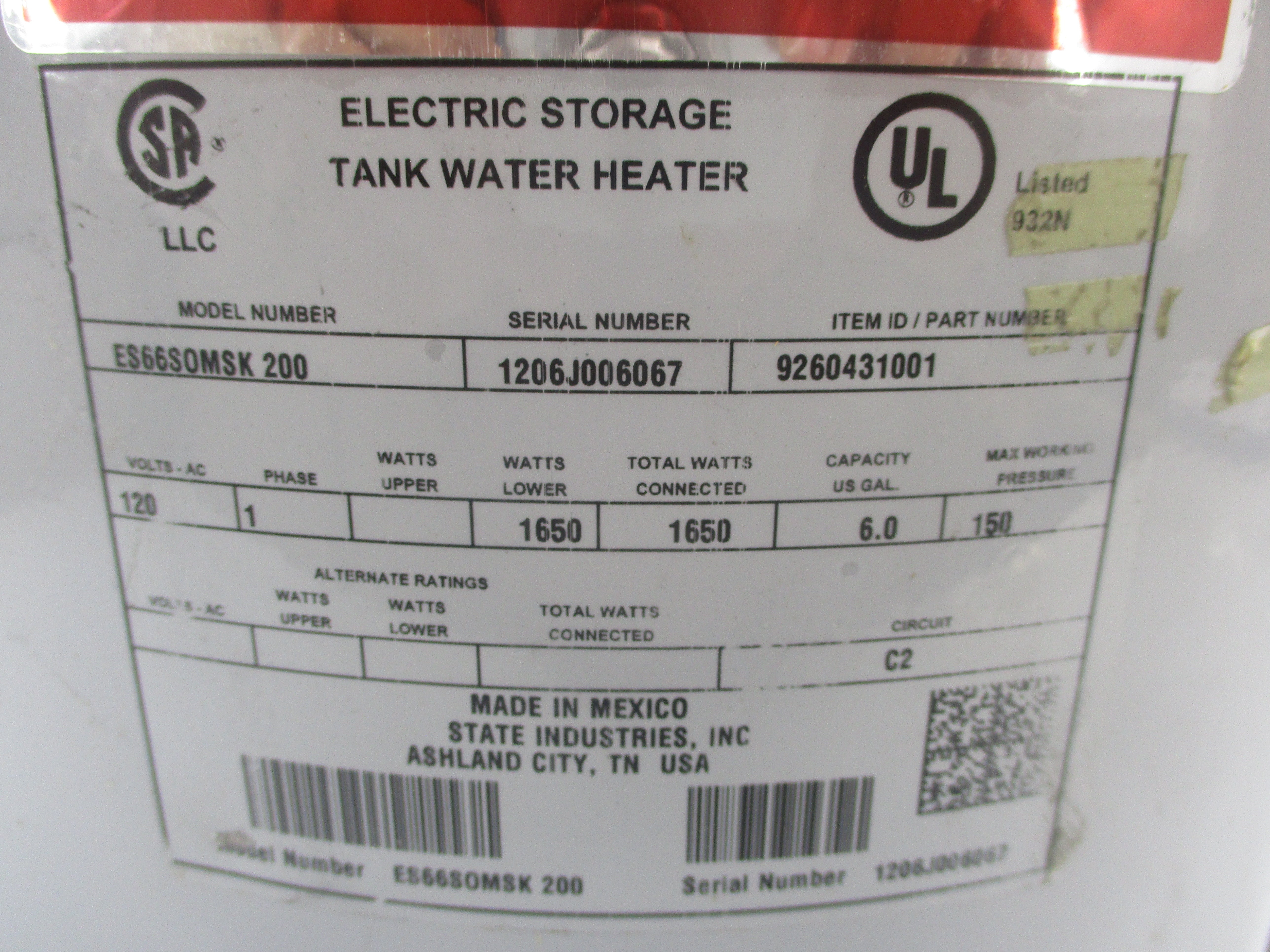 STATE ELECTRIC ES6SOMSK200 9260431001 120VAC NSNP
