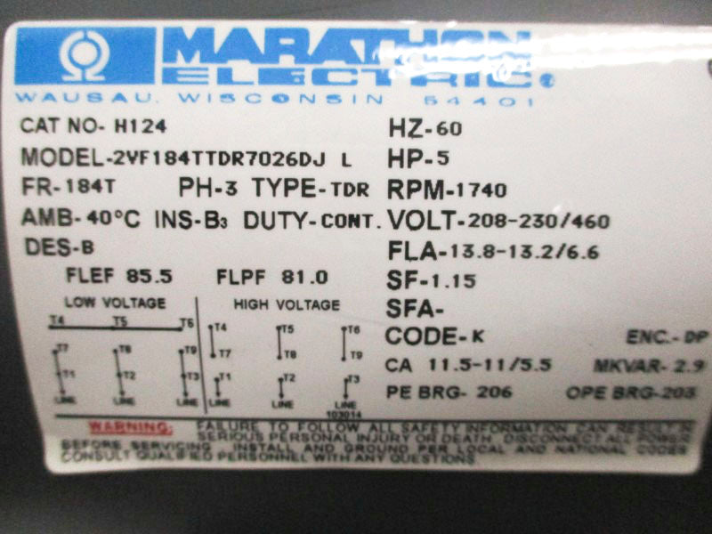 MARATHON ELECTRIC H124 2VF184TTDR7026DJ 208-230/460V NSMP