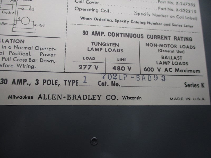 ALLEN BRADLEY 702LP-BAD93 SER. K 110/120V 30A (BR/YL) NSMP