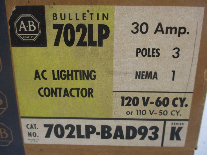 ALLEN BRADLEY 702LP-BAD93 SER. K 110/120V 30A (BR/YL) NSMP