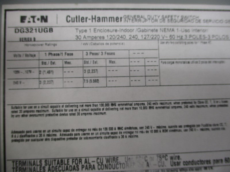 CUTLER HAMMER DG321UGB SER. B 240VAC 30A NSMP