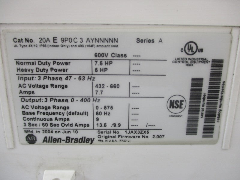 ALLEN BRADLEY 20AE9P0C3AYNNNNN SER. A F/W 2.007 432-660VAC 7.7A NSNP