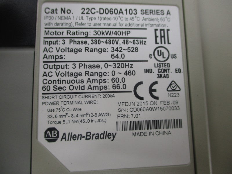 ALLEN BRADLEY 22C-D060A103 SER. A F/W 7.01 342-528VAC 64.0A NSNP