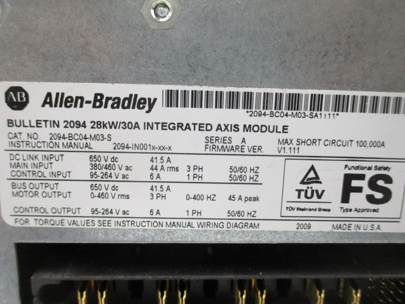 ALLEN BRADLEY 2094-BC04-M03-S SER. A F/W V1.111 380/460VAC 44A UNMP